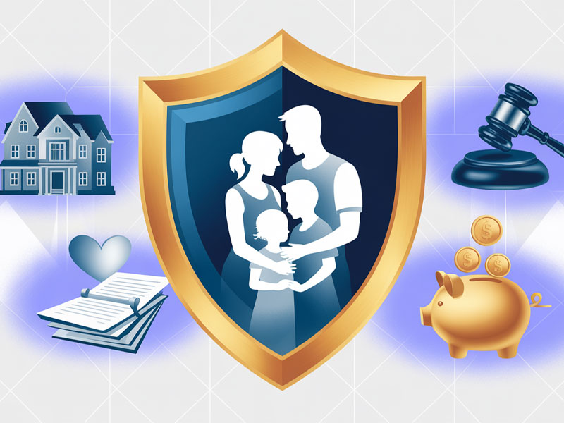 Illustration of a family inside a shield, surrounded by icons of a house, gavel, piggy bank, legal documents, and a heart, symbolizing protection and security.
