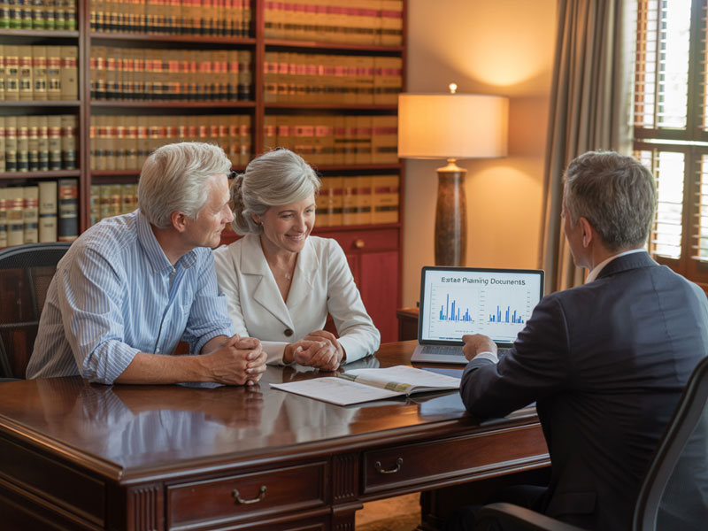 An older couple sits with a professional in an office, reviewing estate planning documents displayed on a laptop, with legal books visible in the background.