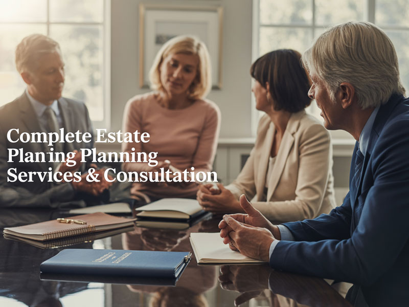 Four professionally dressed adults sit at a conference table with notebooks, engaged in a discussion. Text on image reads, "Complete Estate Planning Services & Consultation.
