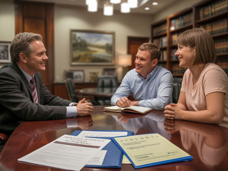 A man and woman sit across from a professional in an office, discussing documents related to estate planning on a table in front of them.