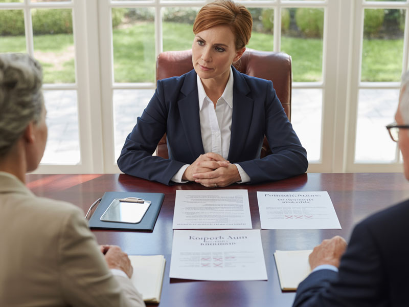 A woman in a business suit sits at a desk with documents, facing two people holding notepads in a well-lit office with large windows.