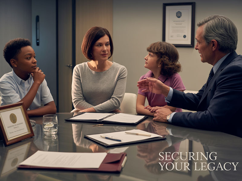 Four people sit around a conference table with legal documents, having a discussion. A plaque, water glass, and folders are visible. Text reads: “Securing Your Legacy.”.