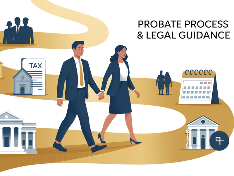 Two professionally dressed people walk on a winding path with icons for tax, a calendar, and legal buildings, illustrating the probate process and legal guidance.