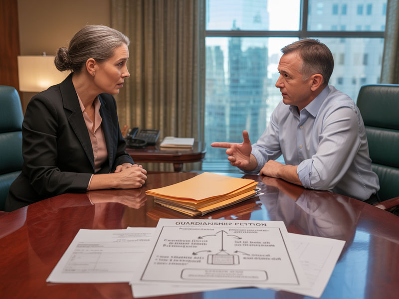 Two adults sit across a table in an office, discussing documents, including a visible guardianship petition form in the foreground.