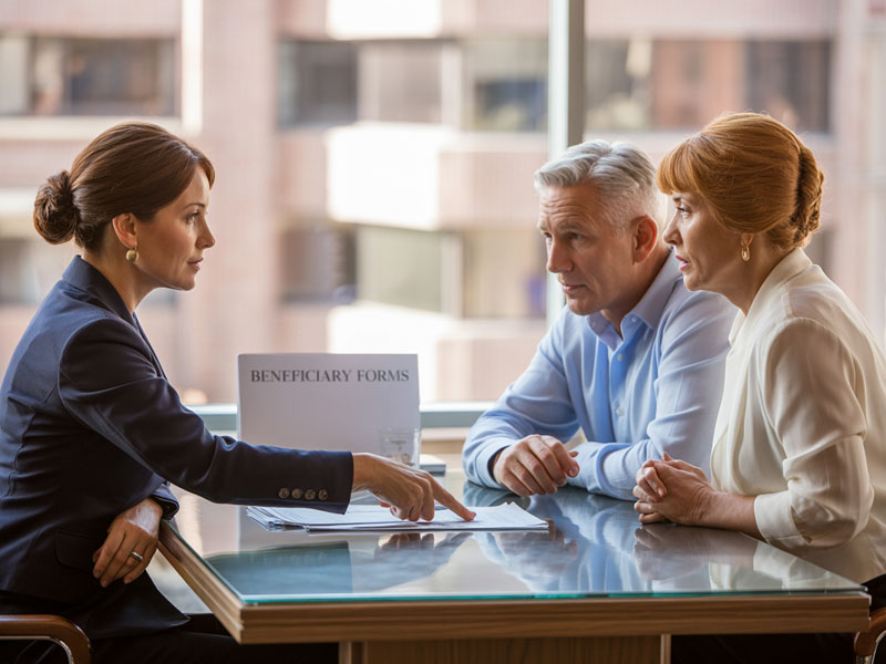 Three people sit at a table in an office. One woman in a suit is pointing at documents labeled "Beneficiary Forms" while a man and woman listen attentively.