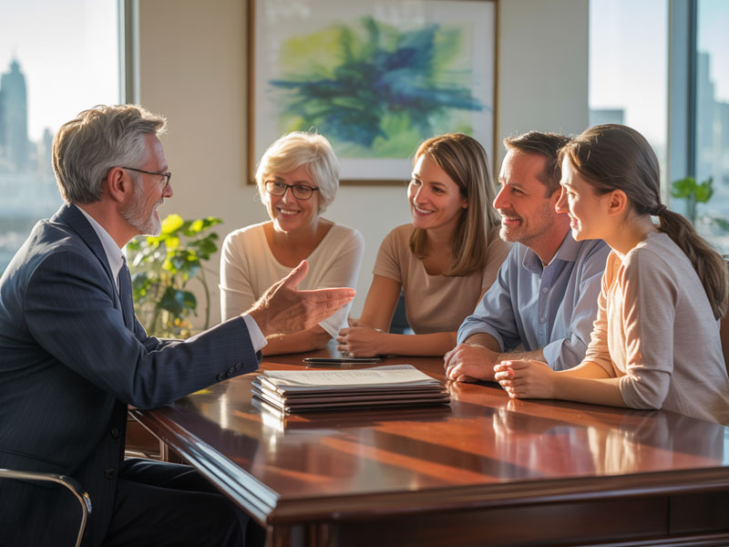 A man in a suit speaks to four people seated around a table in a bright office, with documents on the desk and city buildings visible through the window.