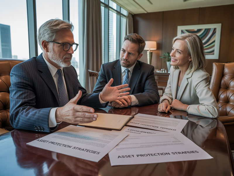 Three professionals in business attire discuss documents labeled "Asset Protection Strategies" at a conference table in an office with large windows and city views.