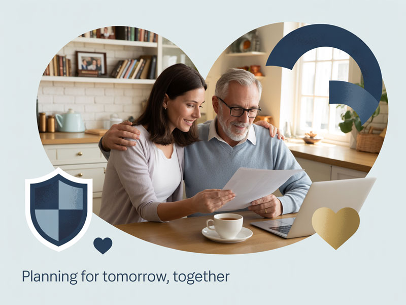An older man and a younger woman sit at a kitchen table, reviewing papers together with a laptop and coffee cup. Text reads: "Planning for tomorrow, together.