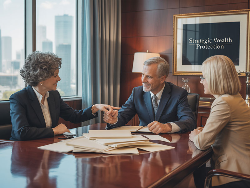 Three professionals in business attire meet in an office with documents on the table. A sign on the wall reads "Strategic Wealth Protection." City buildings are visible through the window.