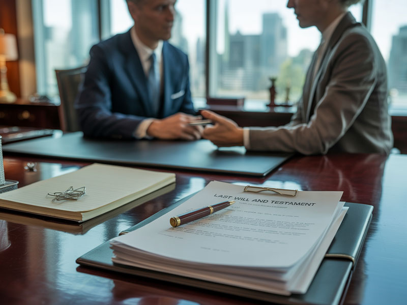 Two people in business attire have a discussion in an office; a document titled “Last Will and Testament” and a pen are in focus on the desk in the foreground.