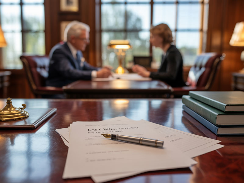 A pen rests on a last will and testament document on a desk, while two people have a discussion in a wood-paneled office in the background.
