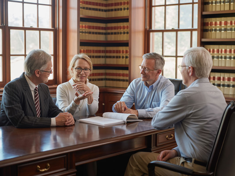 Four adults sit around a wooden table in a law office, engaged in discussion with open binders and bookshelves filled with legal volumes in the background.