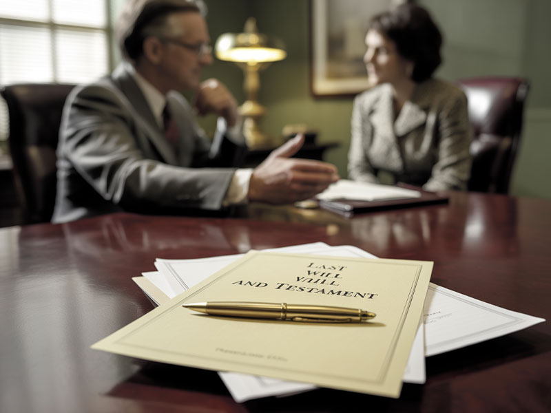 A last will and testament document with a pen rests on a desk, while two people in formal attire have a discussion in the background.