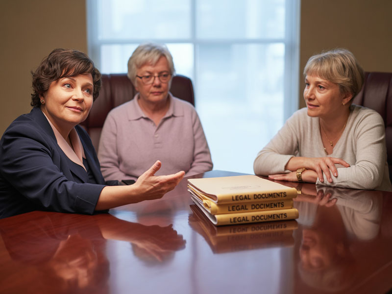 Three women sit at a conference table with folders labeled "Legal Documents" in front of them, engaged in a discussion.