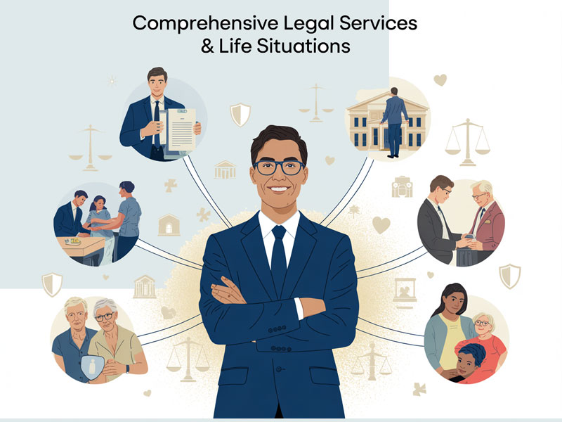Illustration of a lawyer in a suit surrounded by icons representing various legal services, including family, business, elderly care, and justice scales. Text reads “Comprehensive Legal Services & Life Situations.”.