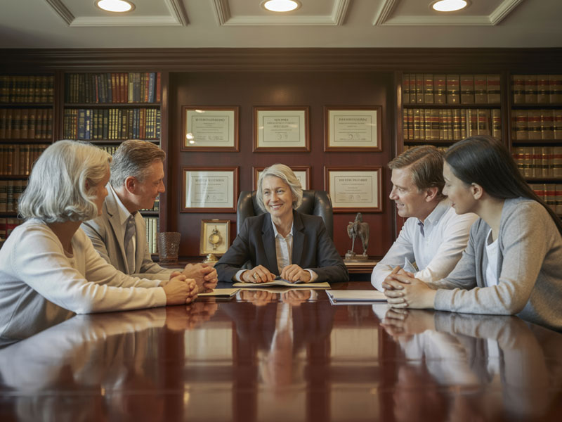 Five people in business attire sit around a polished conference table in a law office, with bookshelves and framed certificates in the background.