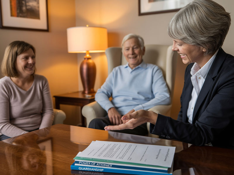 Three people sit around a table discussing documents labeled "Power of Attorney" and "Guardianship" in a well-lit office setting.