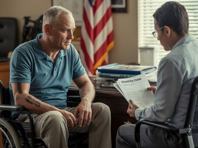 A man in a wheelchair speaks with an official reviewing a disability claim form in an office setting.