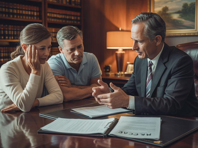 A man in a suit explains documents to a concerned couple seated at a desk in an office with law books and a lamp in the background.