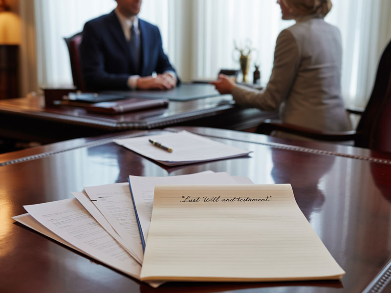 A sheet labeled "Last Will and Testament" sits on a desk in the foreground; two people in business attire have a discussion in the background.