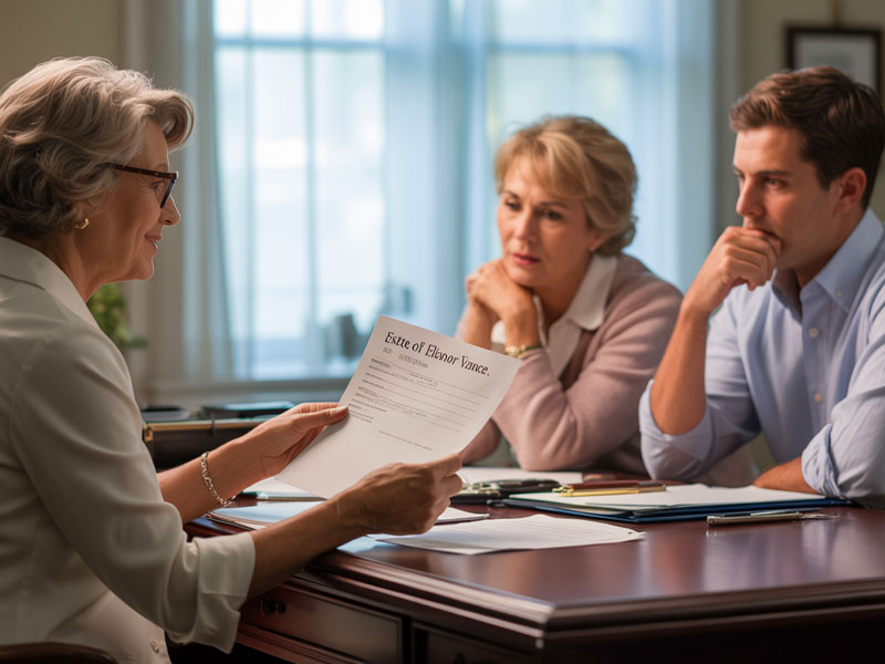 An older woman shows documents labeled "Estate of Eleanor Vance" to a man and woman seated across a desk in an office setting.
