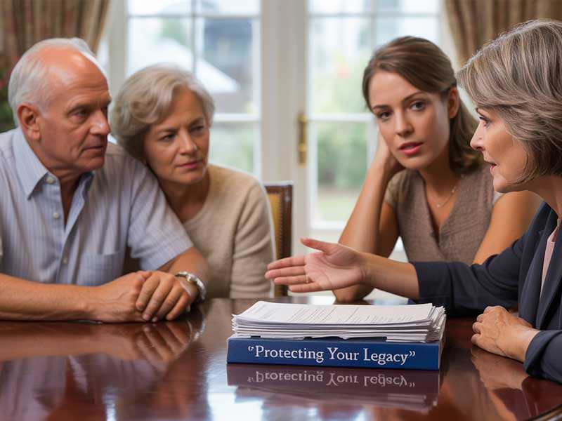 A professional woman discusses documents labeled "Protecting Your Legacy" with an older couple and a younger woman at a table.