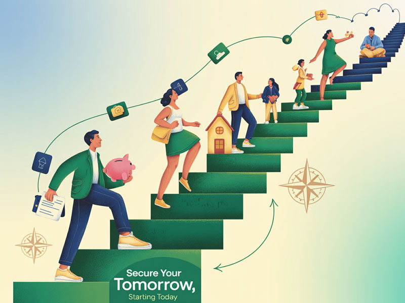 Illustration of people climbing green stairs, each holding symbols of financial planning like a piggy bank, documents, and a house, with icons representing goals along the way. Text reads “Secure Your Tomorrow.