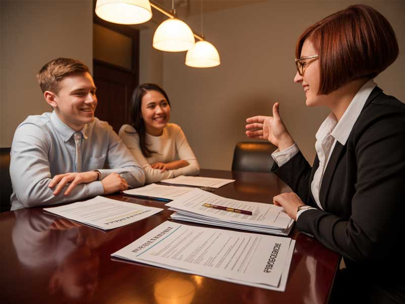 A professional woman discusses documents with two people seated at a table, all appearing engaged in conversation. Papers and a pen are visible on the table.
