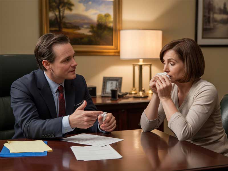A man in a suit speaks to a woman holding tissues at a desk with paperwork, suggesting a serious conversation in an office setting.