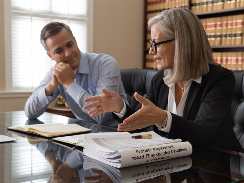 A woman in business attire discusses paperwork labeled "Probate Paperwork, Probate Filing Dates & Deadlines" with a man in an office lined with legal books.