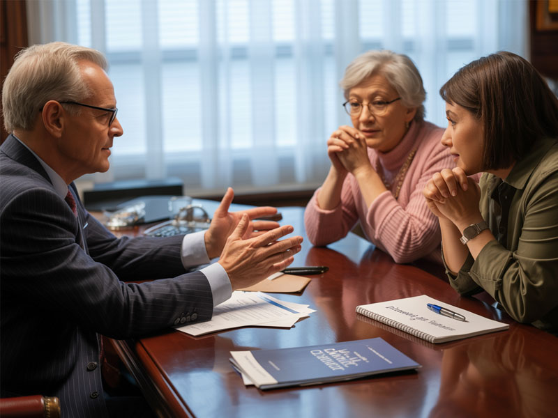Three people sit at a table in discussion, with documents, a book, and a pen in front of them; one man gestures while two women listen attentively.