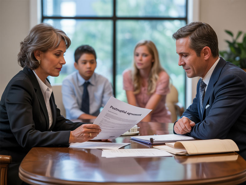 Four people sit around a table in an office. Two adults review a document labeled "Postnuptial agreement," while two youths observe in the background.
