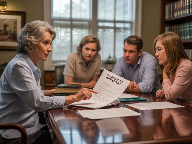 A woman shows guardianship proceeding documents to three adults seated across a desk in an office setting.