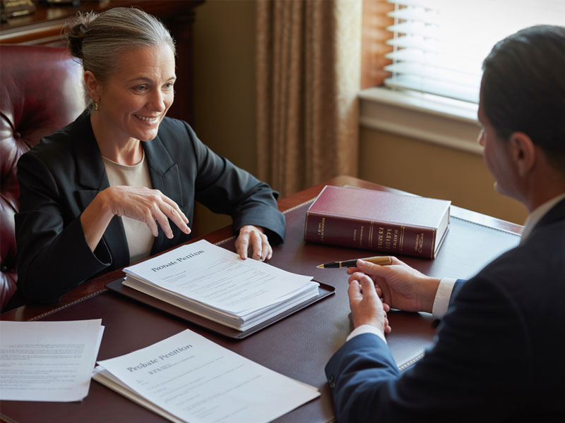 Two professionals sit across a desk discussing documents labeled "Petition Petition," with legal books and paperwork visible in an office setting.