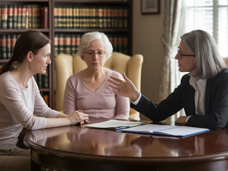 Three women sit at a table in an office with legal books; one woman in a suit gestures while speaking to the other two, who listen attentively.