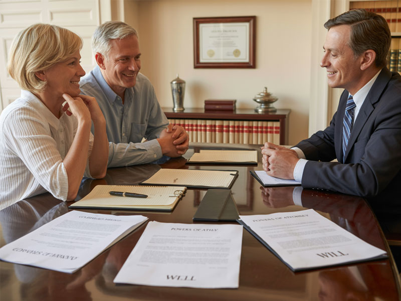 A couple sits at a desk with a lawyer, discussing documents labeled "Will" and "Power of Attorney" in an office setting.