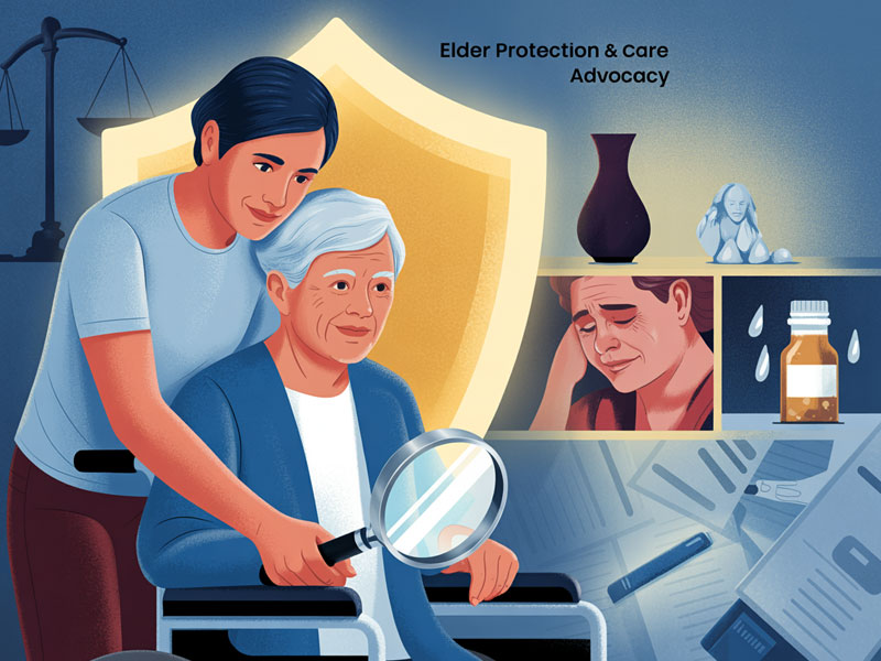 A younger person stands behind an older person in a wheelchair holding a magnifying glass; images of a sad elder, medicine, and legal documents appear in the background.