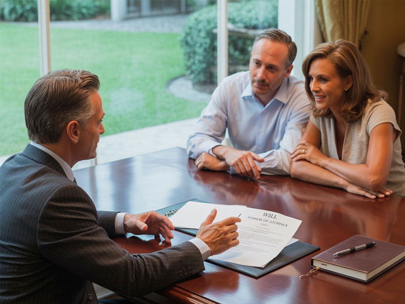 A man and woman sit across from a professional discussing documents labeled "Will" and "Power of Attorney" at a desk in an office with large windows.