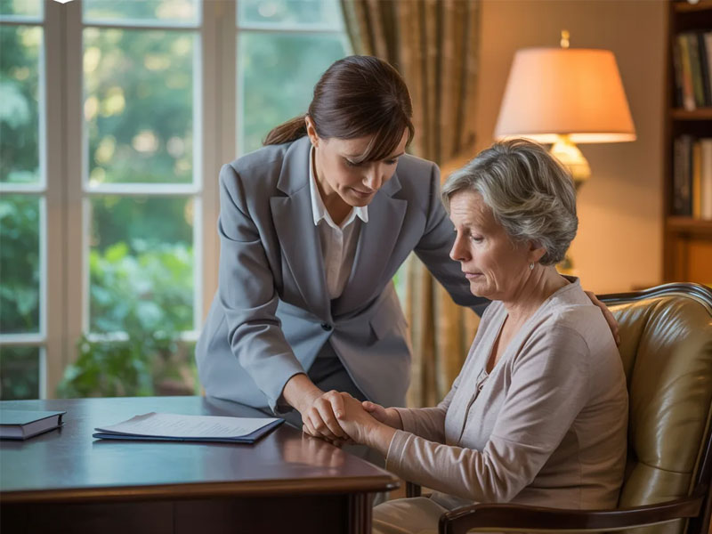 A younger woman in business attire consoles an older woman sitting at a desk, holding her hand. Documents are on the desk in a well-lit room with large windows and a lamp.