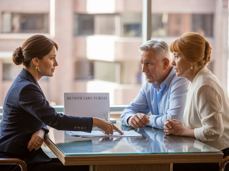 A woman in business attire sits at a desk showing documents labeled "Beneficiary Forms" to a middle-aged couple seated across from her.