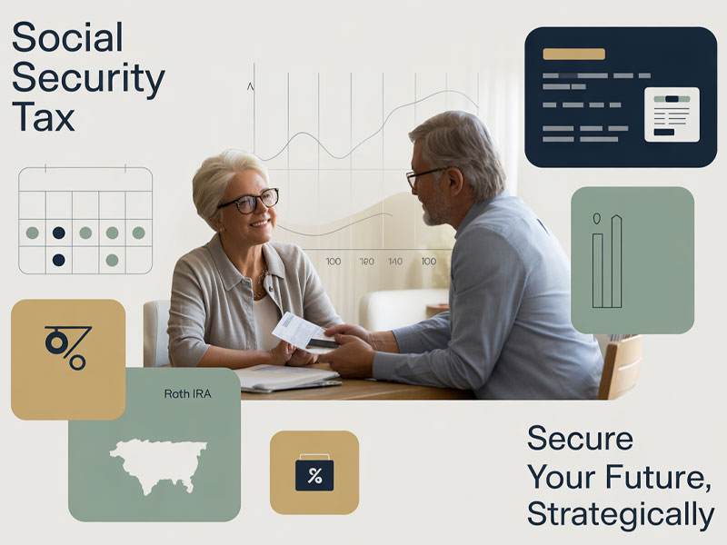 Two older adults discuss documents at a table, surrounded by graphics about Social Security tax, charts, and financial planning symbols. Text reads: "Secure Your Future, Strategically.