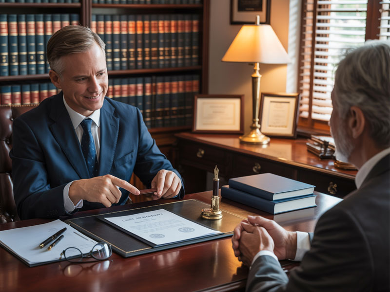 Two men in suits sit across from each other in a law office, discussing a document labeled "Law Agreement" on the desk. Shelves of books and certificates are visible in the background.