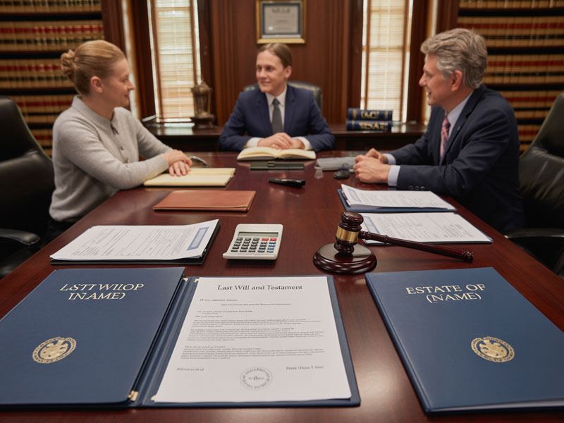 Three people sit around a conference table with documents labeled "Last Will and Testament" and "Estate of (Name)," a gavel, and a calculator visible in a law office.