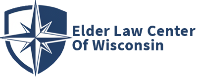 A blue and white logo with a compass symbol and shield, next to the text “Elder Law Center Of Wisconsin.”.