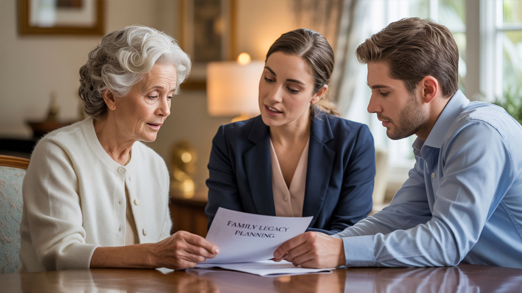 Three people sit at a table reviewing a document labeled "Family Legacy Planning," appearing engaged in a serious discussion.