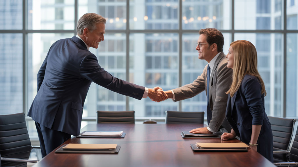 Three businesspeople in formal attire shake hands across a conference table in a modern office with large windows and city views.