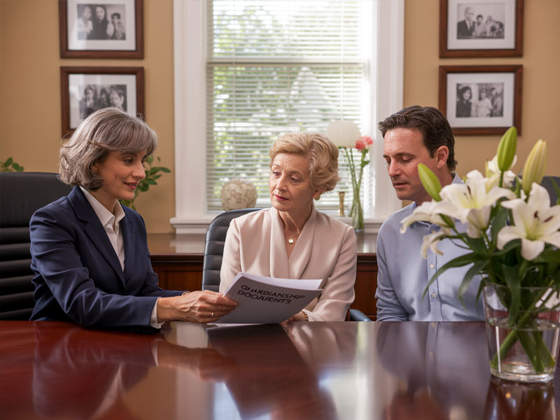 Three adults sit at a table reviewing guardianship documents in an office setting, with framed photos on the wall and white lilies on the table.