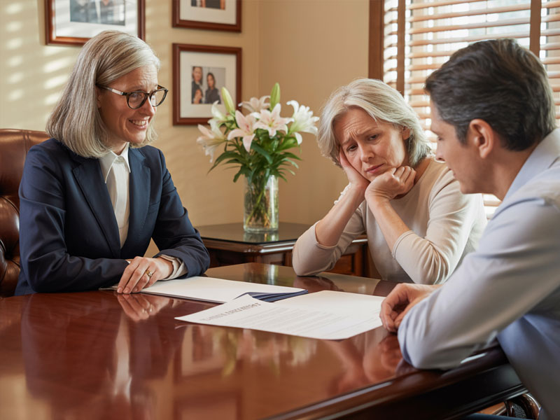 Three people sit at a desk with documents; a woman in a suit smiles while an older couple looks concerned and reviews the paperwork.
