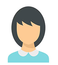 Simple flat illustration of a person with medium-length dark hair, wearing a light blue top with a white collar, on a white background. The face has no features.